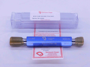 NEW 9/16 12 UNC 3B VERMONT THREAD PLUG GAGE .5625 GO NO GO PD'S = .5084 & .5135 - DW36912VTG
