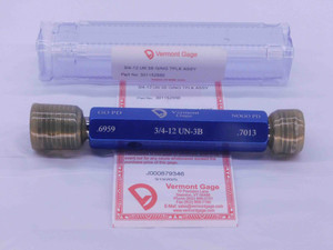 NEW 3/4 12 UN 3B VERMONT THREAD PLUG GAGE .75 GO NO GO P.D.'S = .6959 & .7013 - DW36919VTG