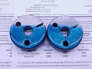 CERTIFIED 5/8 27 UNS 2A THREAD RING GAGES .625 GO NO GO P.D.'S = .5998 & .5960 - DW39252TLC