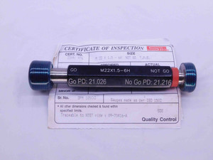 M22 X 1.5 6H METRIC THREAD PLUG GAGE 22 GO NO GO P.D.'S = 21.026 & 21.216 CHECK - DW39786AG6