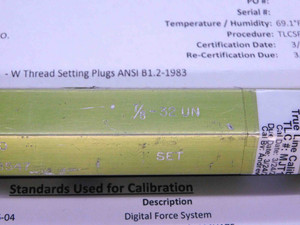 CERTIFIED 7/8 32 UN 3A SET THREAD PLUG GAGE .875 GO ONLY P.D. = .8547 UN-3A - DW40065TLC