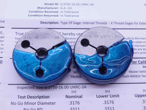 CERTIFIED 3/8 16 UNRC 3A THREAD RING GAGES .375 GO NO GO P.D.'S = .3344 & .3311 - DW41367TLC