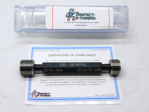 NEW 3/8 18 NPSL PIPE THREAD PLUG GAGE .375 GO NO GO P.D.'S = .6444 & .6496 2B - DW41523MSAF