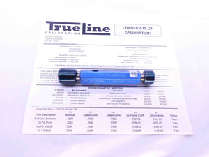 CERTIFIED 3/4 16 UNF 2B THREAD PLUG GAGE .75 GO NO GO P.D.'S = .7094 & .7159 - DW42524TLC