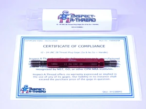 NEW 12 24 UNC 2B THREAD PLUG GAGE #12 .216 GO NO GO P.D.'S = .1889 & .1933 12-24
