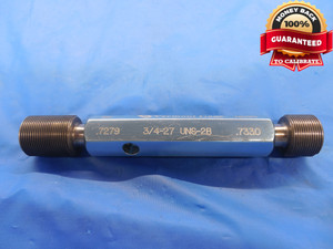 3/4 27 UNS 2B + .002 VERMONT THREAD PLUG GAGE .75 GO NO GO P.D.'S= .7279 & .7330