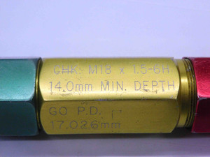 M18 X 1.5 6H TiN COATED THREAD PLUG GAGE 18 GO NO GO P.D.'S = 17.026 & 17.216 - DW3560BU
