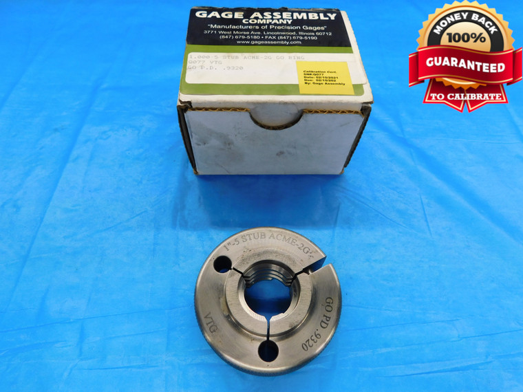 1" 5 STUB ACME 2G VERMONT THREAD RING GAGE 1.0 5.0 GO ONLY P.D. = .9320 CHECK - DW18498BQ2