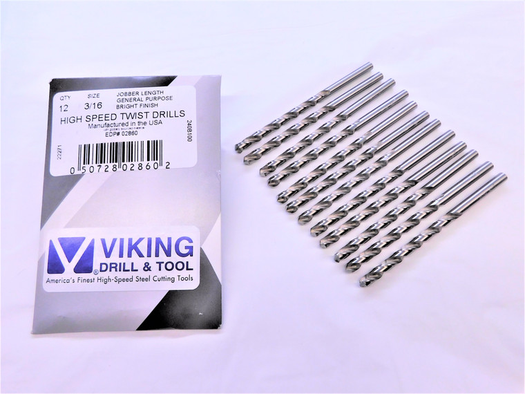 12PCS VIKING 3/16 O.D. HSS JOBBER LENGTH TWIST DRILL BIT 02860 2 5/16 LOC .1875 - VDT-MS6628
