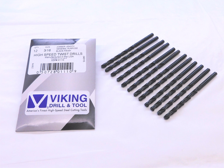 12PCS VIKING 3/16 O.D. BLACK OXIDE HSS JOBBER LENGTH TWIST DRILL BIT 01110 .1875 - VDT-MS6642