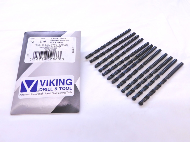 12PCS VIKING 3/16 O.D. BLACK OXIDE HSS JOBBER LENGTH TWIST DRILL BIT 02863 .1875 - VDT-MS6643