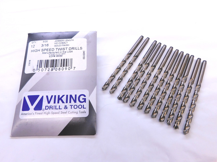 12PCS VIKING 3/16 O.D. COBALT JOBBER LENGTH TWIST DRILL BIT 08090 .1875 - VDT-MS6655