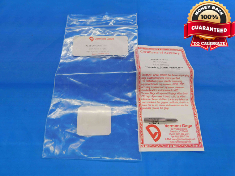NEW CERTIFIED 3 56 UNF 2A VERMONT SET THREAD PLUG GAGE #3 .099 GO ONLY PD= .0867 - DW23183LVR
