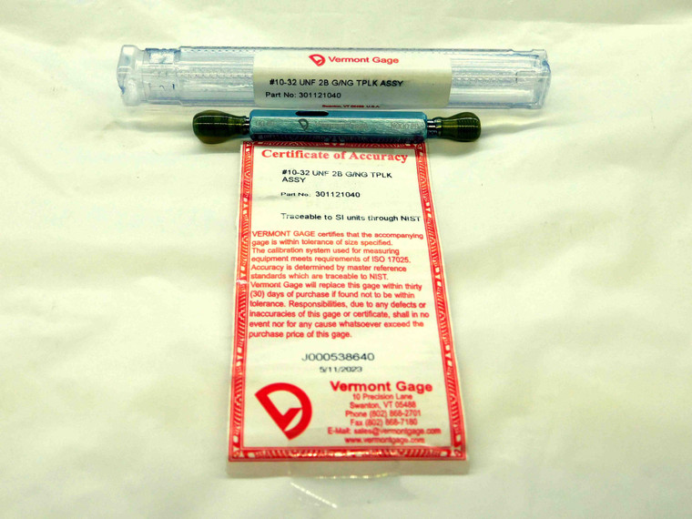 NEW 10 32 UNF 2B VERMONT THREAD PLUG GAGE #10 .190 GO NO GO PD'S = .1697 & .1736 - CH2531VTG