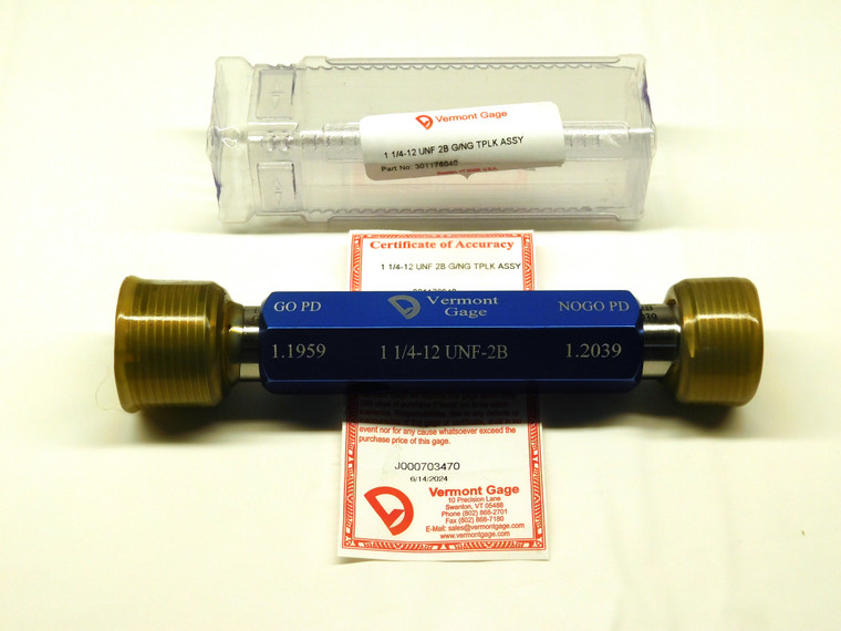 NEW 1 1/4 12 UNF 2B VERMONT THREAD PLUG GAGE 1.25 GO NO GO PDS= 1.1959 & 1.2039 - CH2536VTG