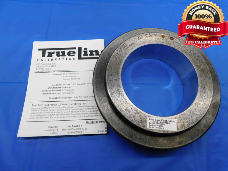 3.64098 CL X MASTER PLAIN BORE RING GAGE 3.6406 +.0004 3 41/64 92.481 CERTIFIED - DW23804LVR