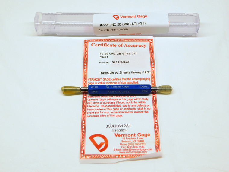 NEW 2 56 UNC 2B STI VERMONT THREAD PLUG GAGE #2 .086 GO NO GO PDS = .0976 .0996 - MS6739VTG