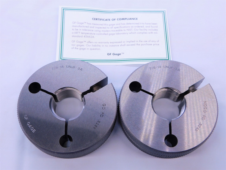 NEW 7/8 14 UNJF 3A THREAD RING GAGES .875 .8750 GO NO GO P.D.'S = .8286 & .8245 - MS6779GFG