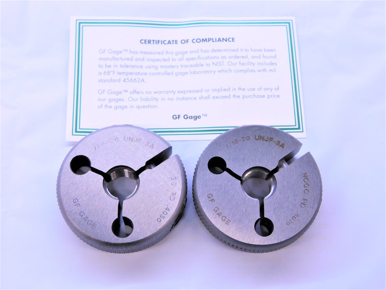 NEW 7/16 20 UNJF 3A THREAD RING GAGES .4375 GO NO GO P.D.'S = .4050 & .4019 - MS6778GFG
