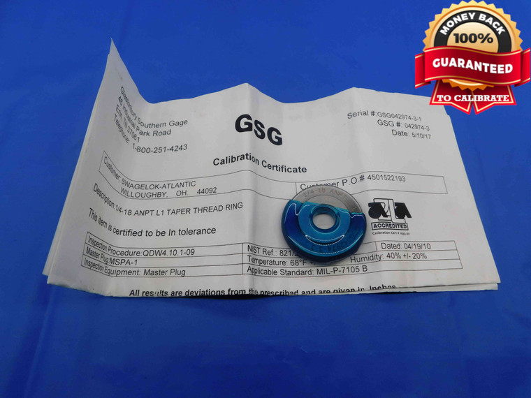 CERTIFIED 1/4 18 ANPT L1 PIPE THREAD RING GAGE .25 .250 .2500 A.N.P.T. CHECK - DW25045RD