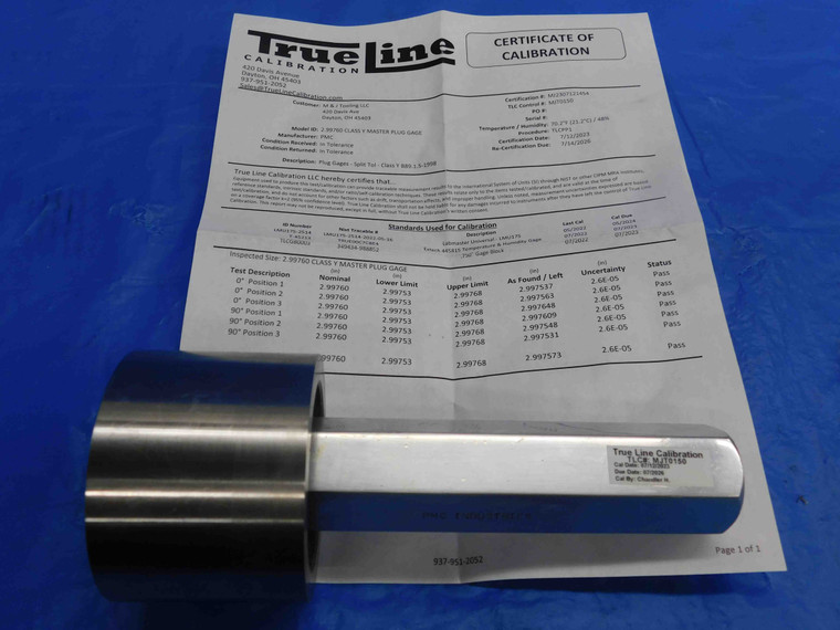 CERTIFIED 2.9976 CLASS Y PIN PLUG GAGE 3.0000 -.0024 UNDERSIZE 3.0 76 mm - RB0903AX3