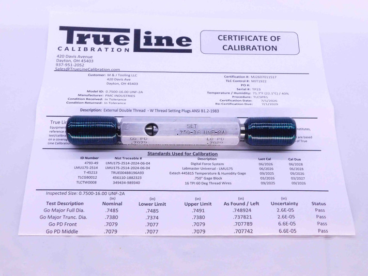 CERTIFIED 3/4 16 UNF 2A SET THREAD PLUG GAGE .75 GO NO GO P.D.'S = .7079 & .7029 - DW25179TLC