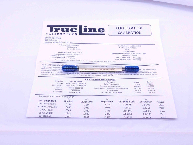 CERTIFIED 5/16 24 UNF 2A SET THREAD PLUG GAGE .3125 GO NO GO PDS= .2843 & .2806 - DW25194TLC