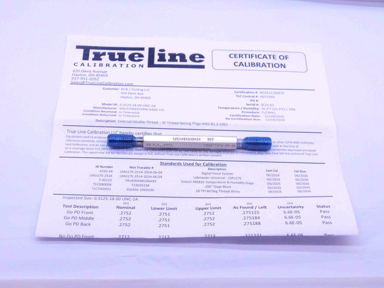 CERTIFIED 5/16 18 UNC 2A SET THREAD PLUG GAGE .3125 GO NO GO PDS= .2752 & .2712 - DW25195TLC