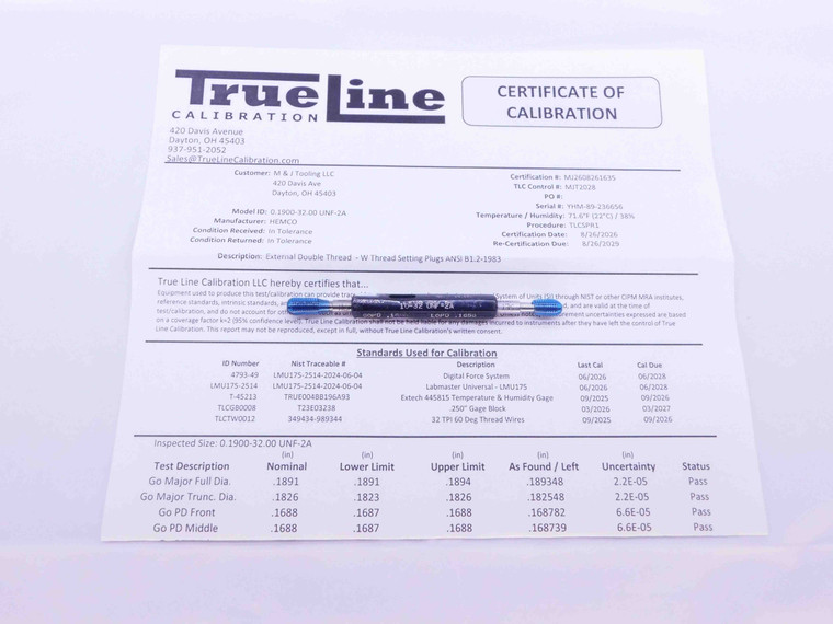 CERTIFIED 10 32 UNF 2A SET THREAD PLUG GAGE #10 .190 GO NO GO PDS= .1688 & .1658 - DW25231TLC