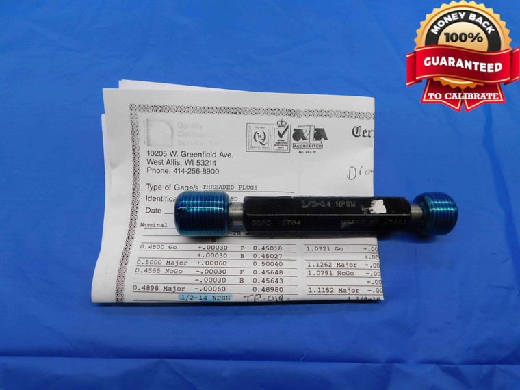 CERTIFIED 1/2 14 NPSM 2B PIPE THREAD PLUG GAGE .5 GO NO GO PD'S = .7784 & .7851 - DW25296BE3