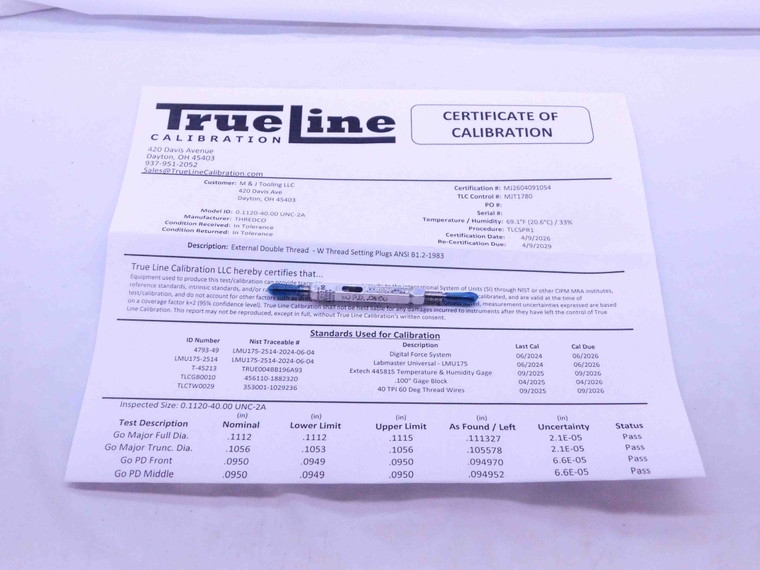CERTIFIED 4 40 UNC 2A SET THREAD PLUG GAGE #4 .112 GO NO GO PDS= .0950 & .0925 - DW25303TLC