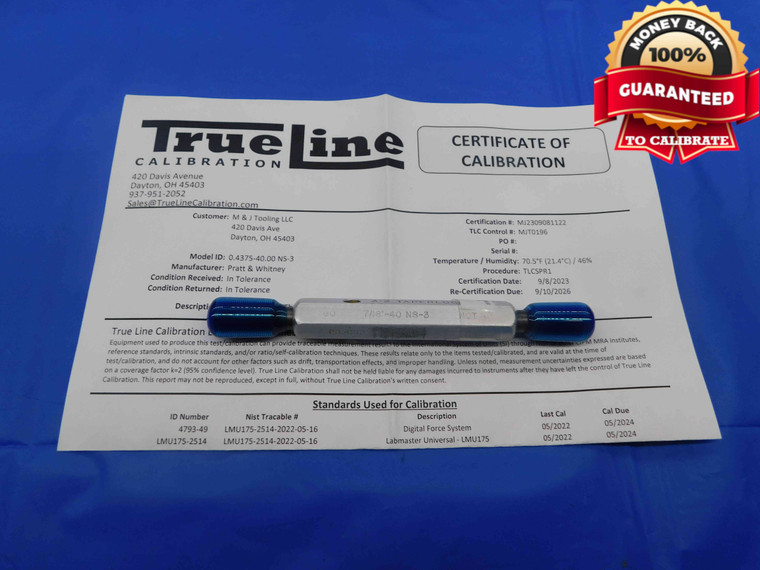 CERTIFIED 7/16 40 NS 3 SET THREAD PLUG GAGE .4375 GO NO GO PD'S = .4213 & .4137 - DW25374TLC