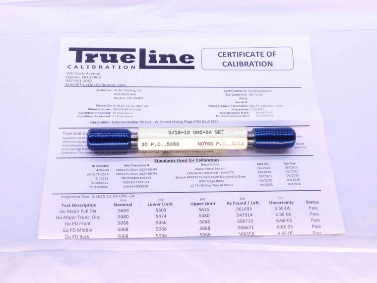 CERTIFIED 9/16 12 UNC 2A SET THREAD PLUG GAGE .5625 GO NO GO PDS= .5068 & .5016 - DW25580TLC