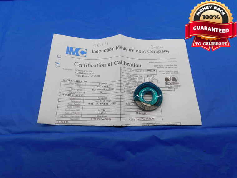 CERTIFIED 3/8 18 NPT L1 PIPE THREAD RING GAGE .375 .3750 N.P.T. NATIONAL TAPER - DW25253BE3