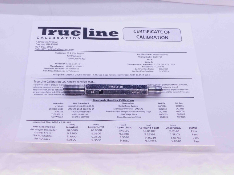 CERTIFIED M10 X 1 6H THREAD PLUG GAGE 10 1.0 GO NO GO P.D.'S = 9.350 & 9.500 - DW25965TLC