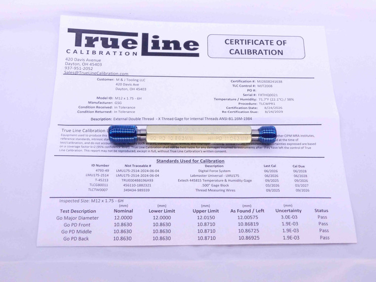 CERTIFIED M12 X 1.75 6H THREAD PLUG GAGE 12 GO NO GO P.D.'S = 10.863 & 11.063 - DW25961TLC