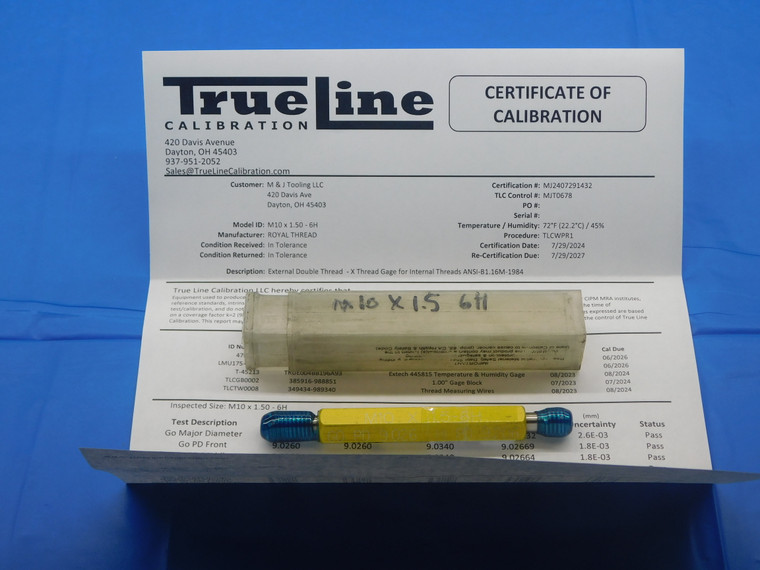 CERTIFIED M10 X 1.5 6H THREAD PLUG GAGE 10 GO NO GO PD'S = 9.026 & 9.206 CHECK - DW25968TLC