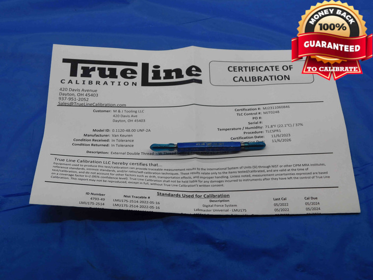 CERTIFIED 4 48 UNF 2A SET THREAD PLUG GAGE #4 .112 GO NO GO PDS= .0978 & .0954 - DW26104TLC