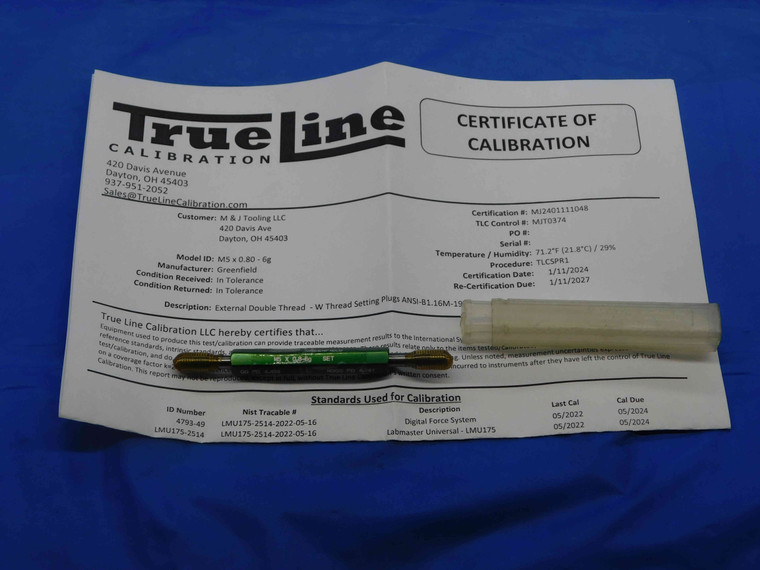 CERTIFIED M5 X .8 8g SET THREAD PLUG GAGE 5 0.8 GO NO GO P.D.'S = 4.456 & 4.361 - DW26103TLC