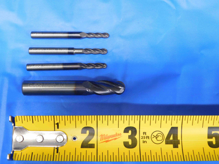 LOT OF 4 GARR 9/64"- 3/8" O.D. BALL NOSE SOLID CARBIDE END MILLS 37/64"-7/8" LOC - BS1274AY3