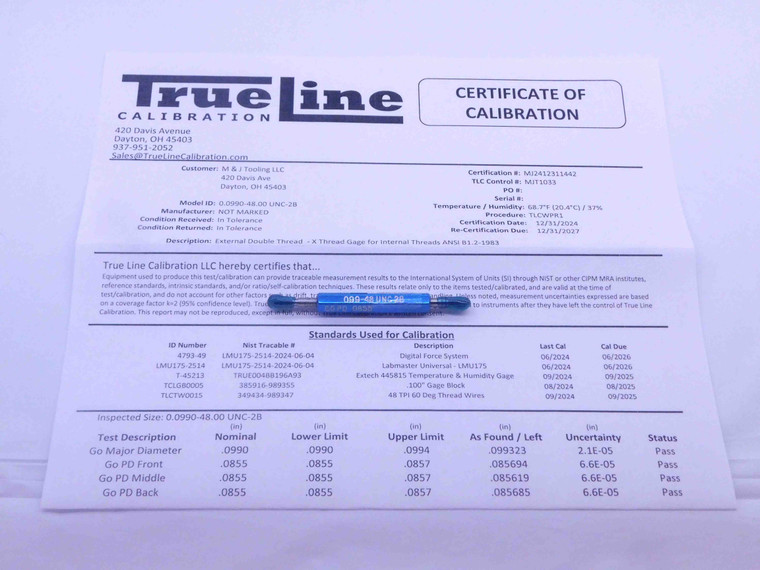 CERTIFIED 3 48 UNC 2B THREAD PLUG GAGE #3 .099 GO NO GO P.D.'S = .0855 & .0885 - DW26167TLC