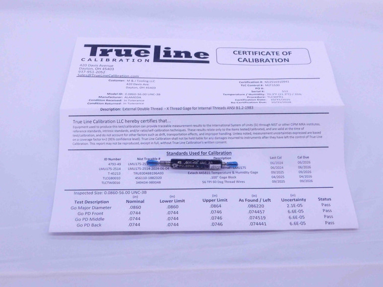 CERTIFIED 2 56 UNC 3B THREAD PLUG GAGE #2 .086 GO NO GO P.D.'S = .0744 & .0765 - DW26168TLC