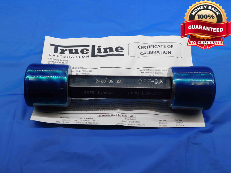 CERTIFIED 2" 20 UN 2A SET THREAD PLUG GAGE 2.0 GO NO GO PD'S = 1.9660 & 1.9611 - DW26169TLC