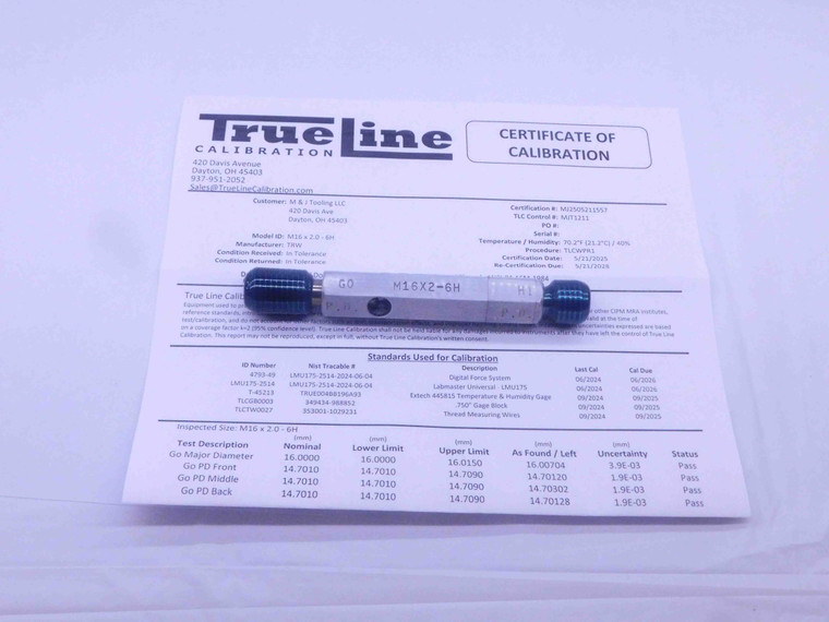 CERTIFIED M16 X 2 6H THREAD PLUG GAGE 16 2.0 GO NO GO P.D.'S = 14.701 & 14.913 - DW26162TLC