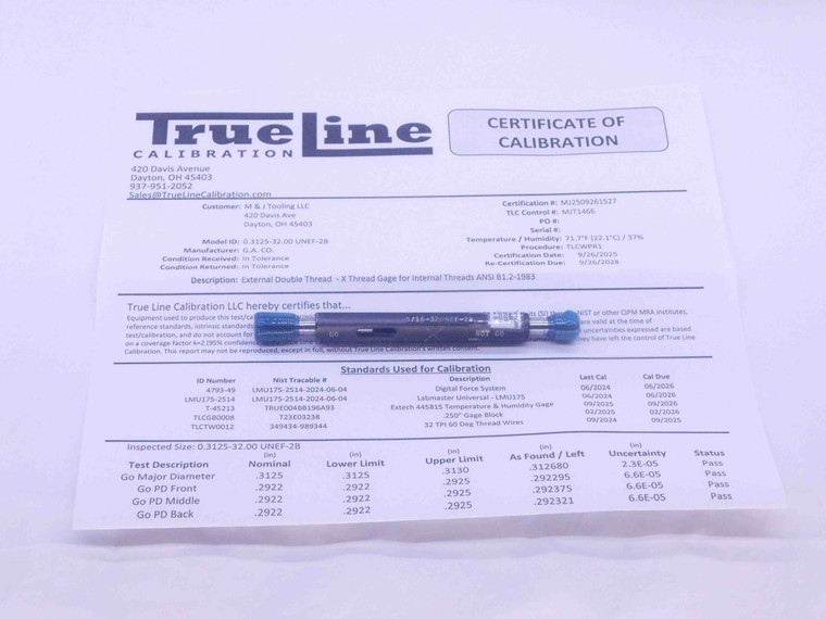 CERTIFIED 5/16 32 UNEF 2B THREAD PLUG GAGE .3125 GO NO GO PD'S = .2922 & .2964 - DW26163TLC