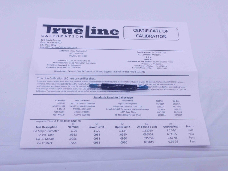 CERTIFIED 4 40 UNC 2B THREAD PLUG GAGE #4 .112 GO NO GO P.D.'S = .0958 & .0991 - DW26172TLC