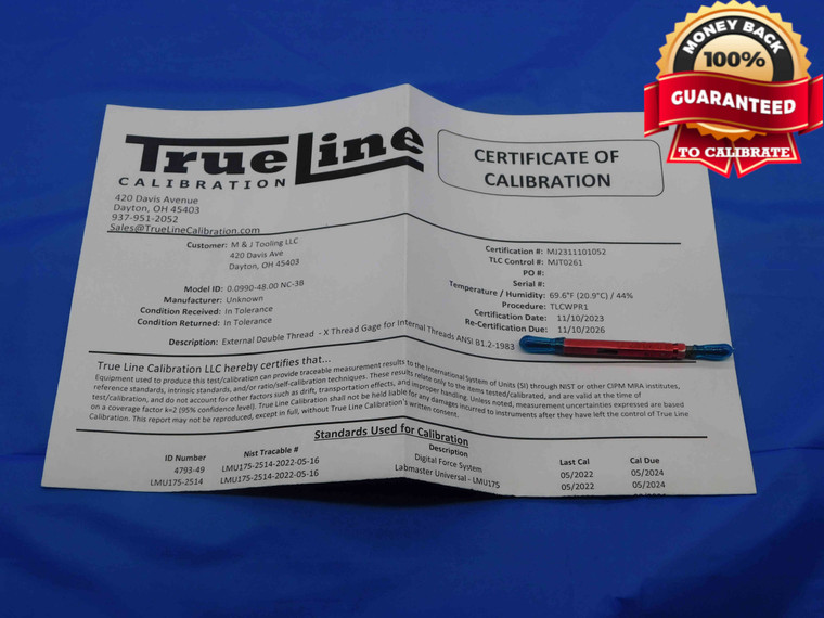CERTIFIED 3 48 UNC 3B THREAD PLUG GAGE #3 .099 GO NO GO P.D.'S = .0855 & .0877 - DW26171TLC