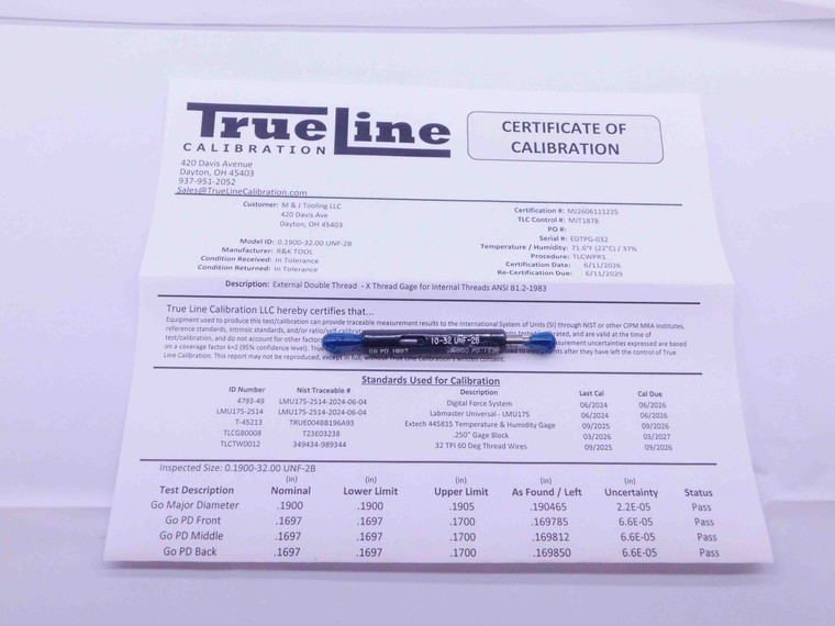 CERTIFIED 10 32 UNF 2B THREAD PLUG GAGE #10 .190 GO NO GO PD'S = .1697 & .1736 - DW26191TLC