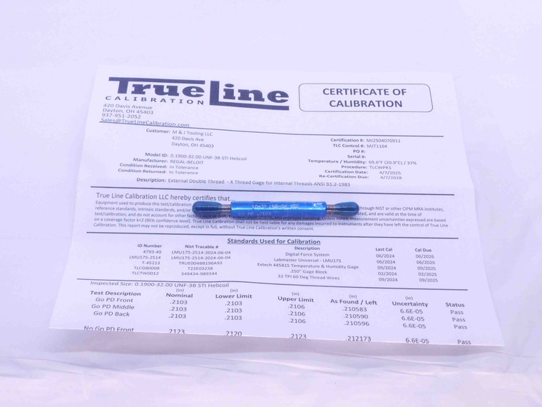 CERTIFIED 10 32 UNF 3B STI THREAD PLUG GAGE #10 .190 GO NO GO = .2103 & .2123 - DW26194TLC
