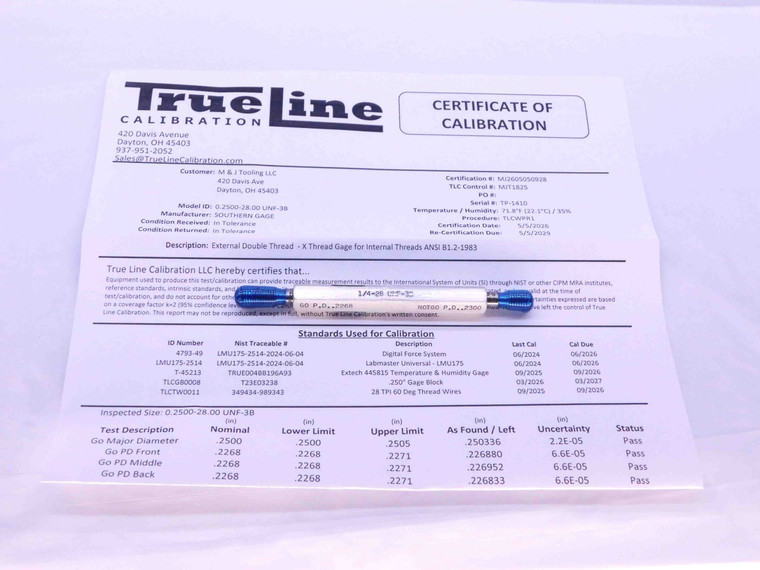 CERTIFIED 1/4 28 UNF 3B THREAD PLUG GAGE .25 GO NO GO P.D.'S = .2268 & .2300 - DW26198TLC